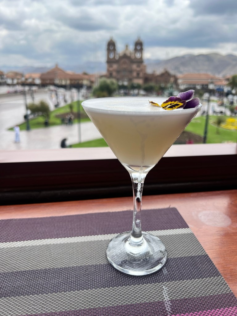 A beautifully presented pisco sour cocktail garnished with a flower, sitting on a table with a view of a town square and cloudy sky in the background.