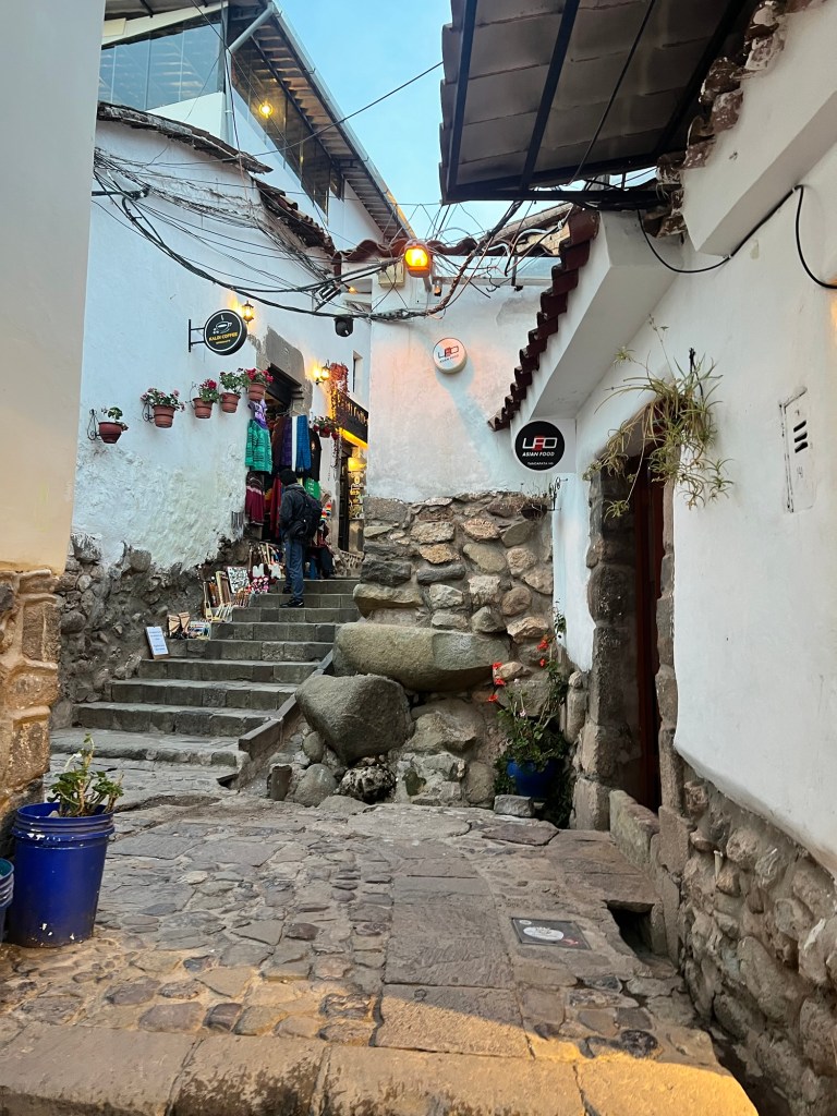 Narrow street in Cusco, Peru, featuring steps leading up, stone walls, and potted plants along the sides.